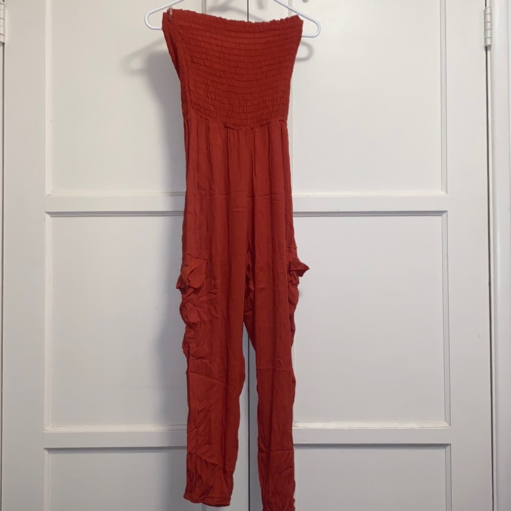 Bonded Coral Medium Smocked Tube Top Pantsuit